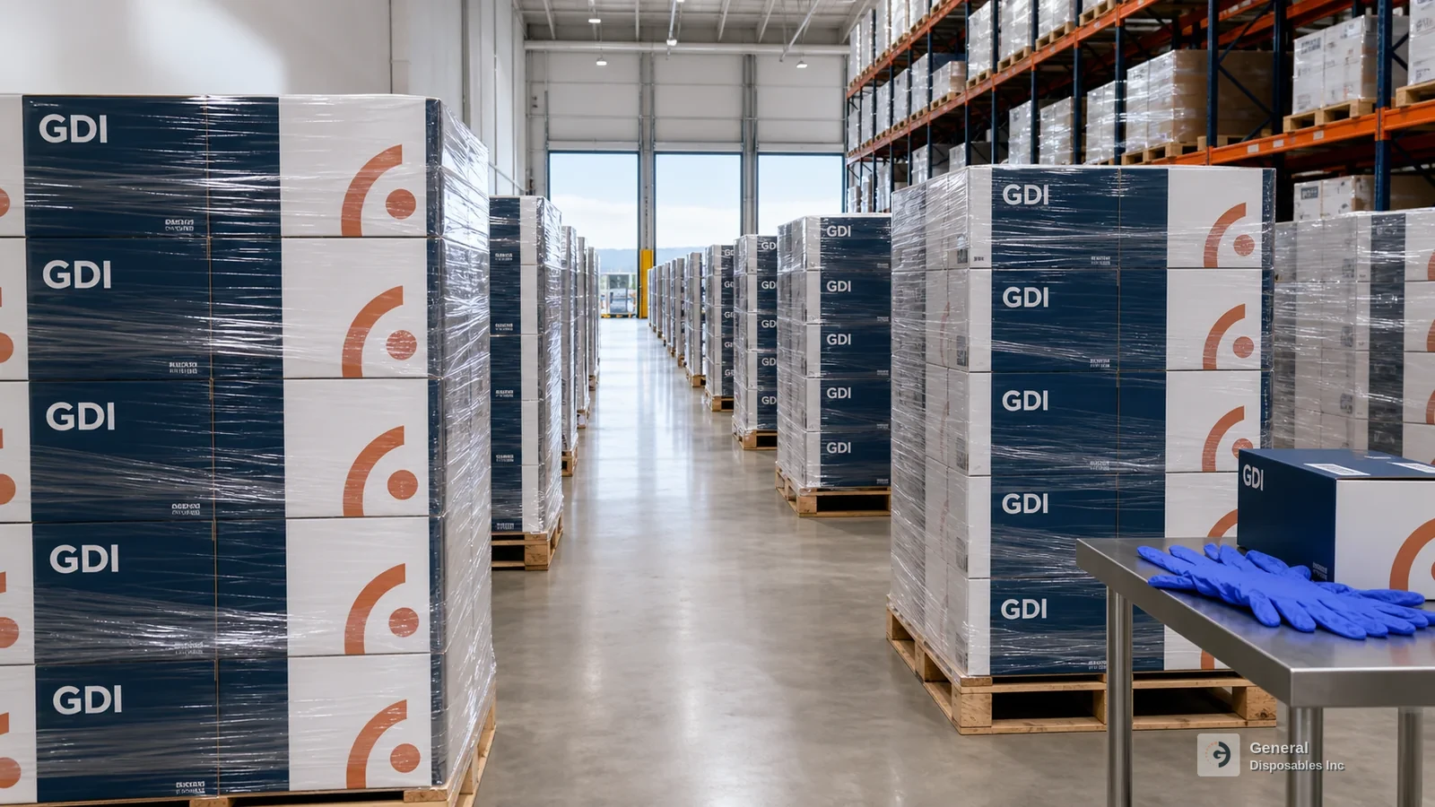 Wrapped pallets of GDI glove cartons in a medical-supply warehouse