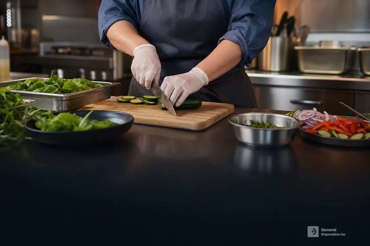 Gloved kitchen worker slicing vegetables on a prep counter