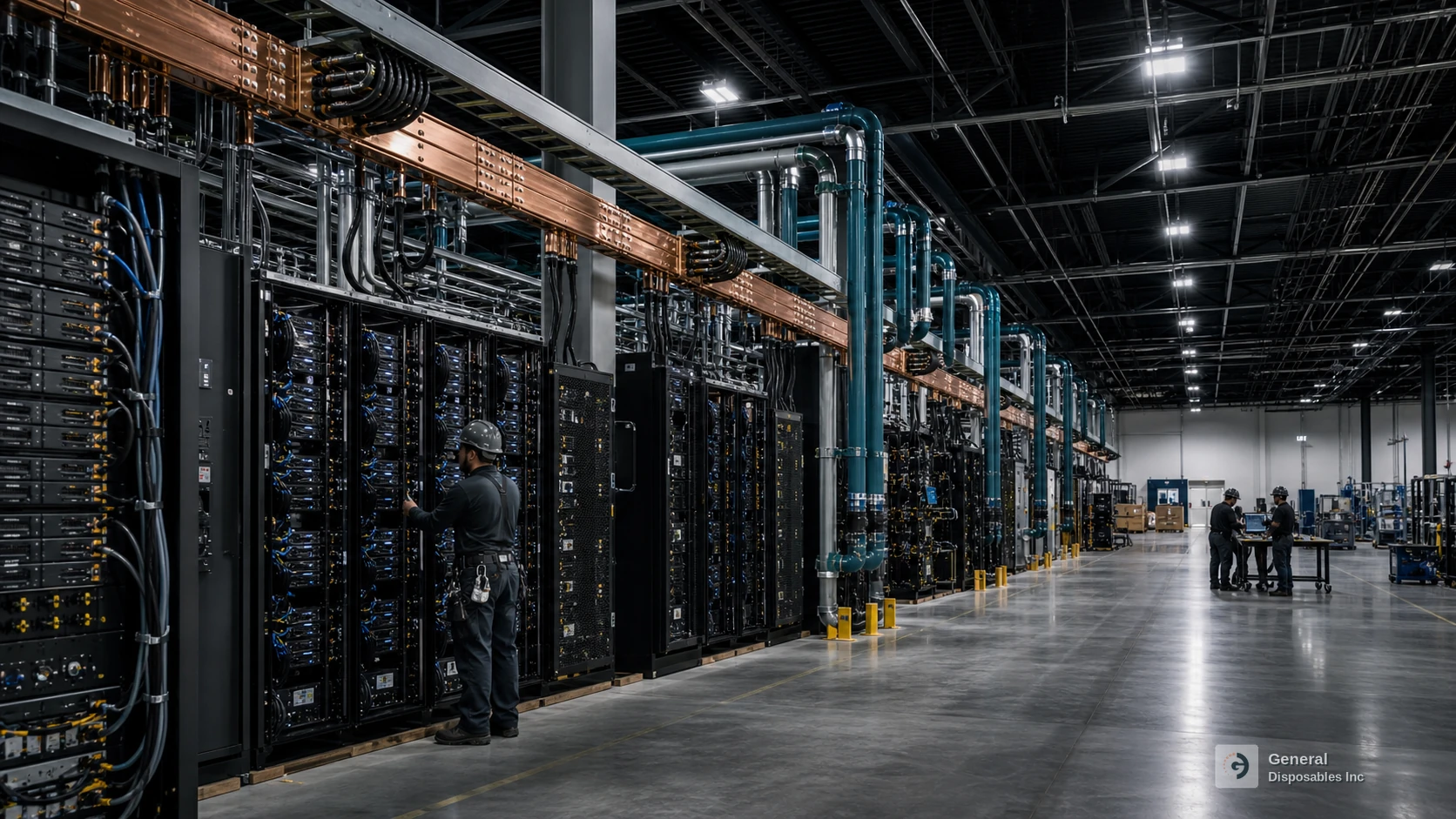 GDI AI infrastructure build inside a large industrial warehouse with compute racks, cooling pipes, power busway, and technical crews