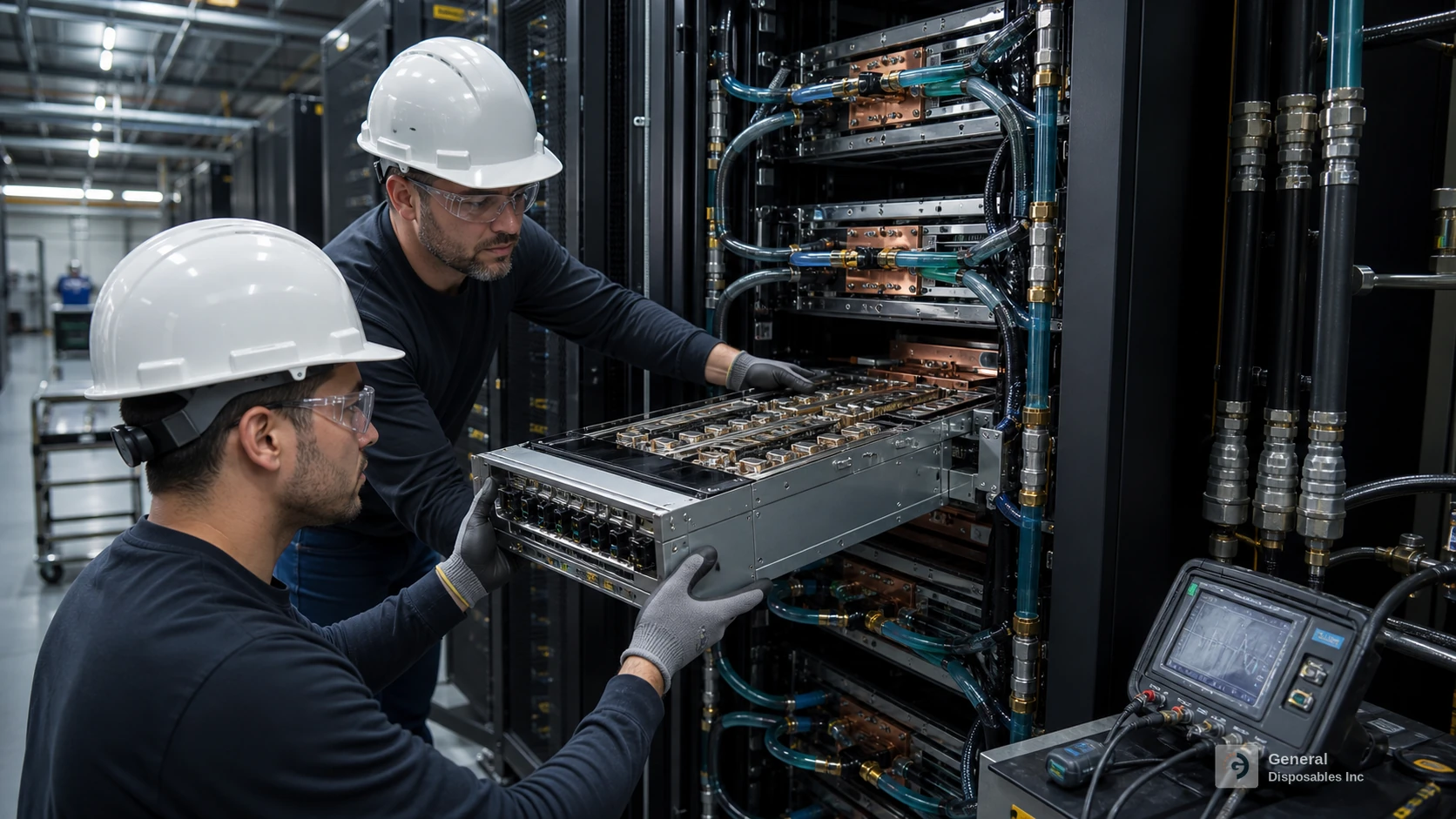 GDI technicians installing a liquid-cooled GPU server chassis into an enterprise rack