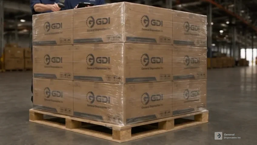 Wrapped pallets of GDI glove cartons in a medical-supply warehouse
